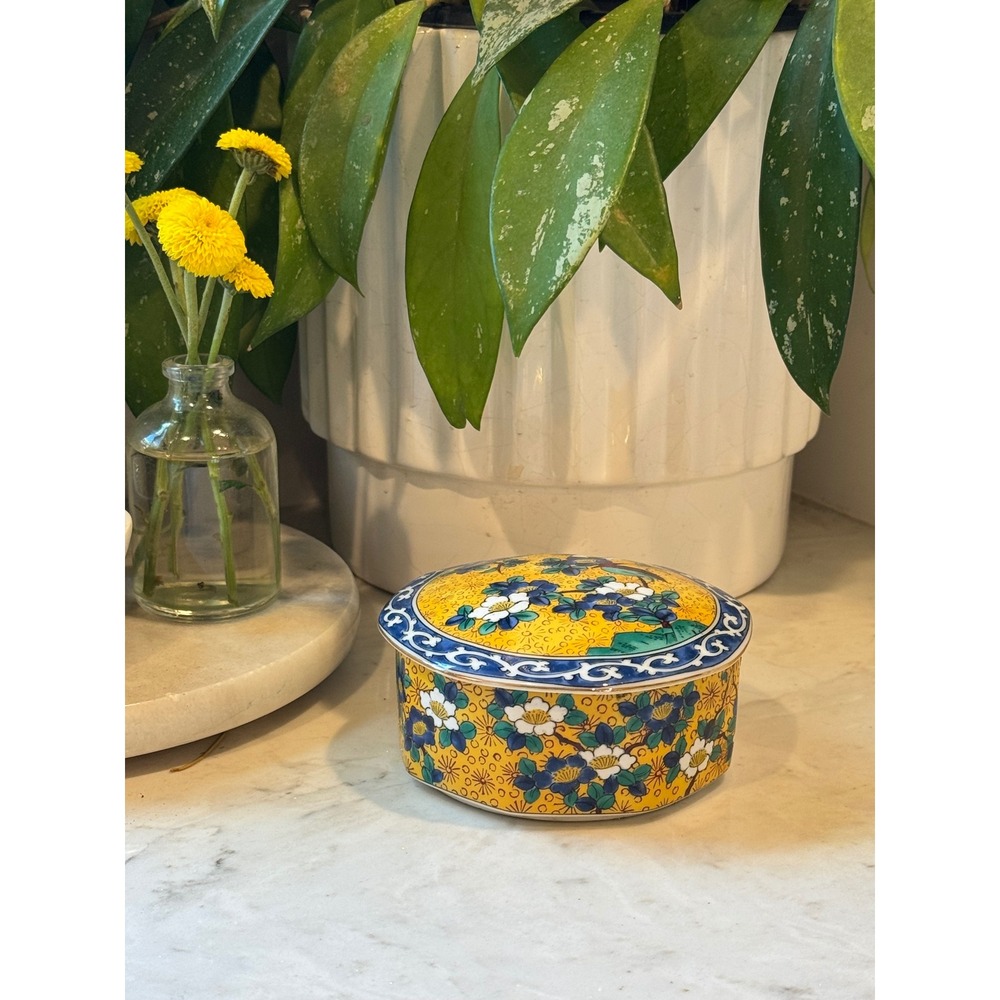 Kutani Takahashi Trinket Box Yellow Blue Floral Bird Hand painted Made in Japan